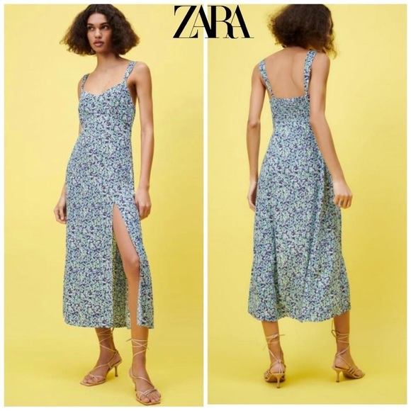 Zara Dresses & Skirts - Zara Multicolor Ditsy Floral Print Maxi Midi Dress Smocked Slit Women’s Large